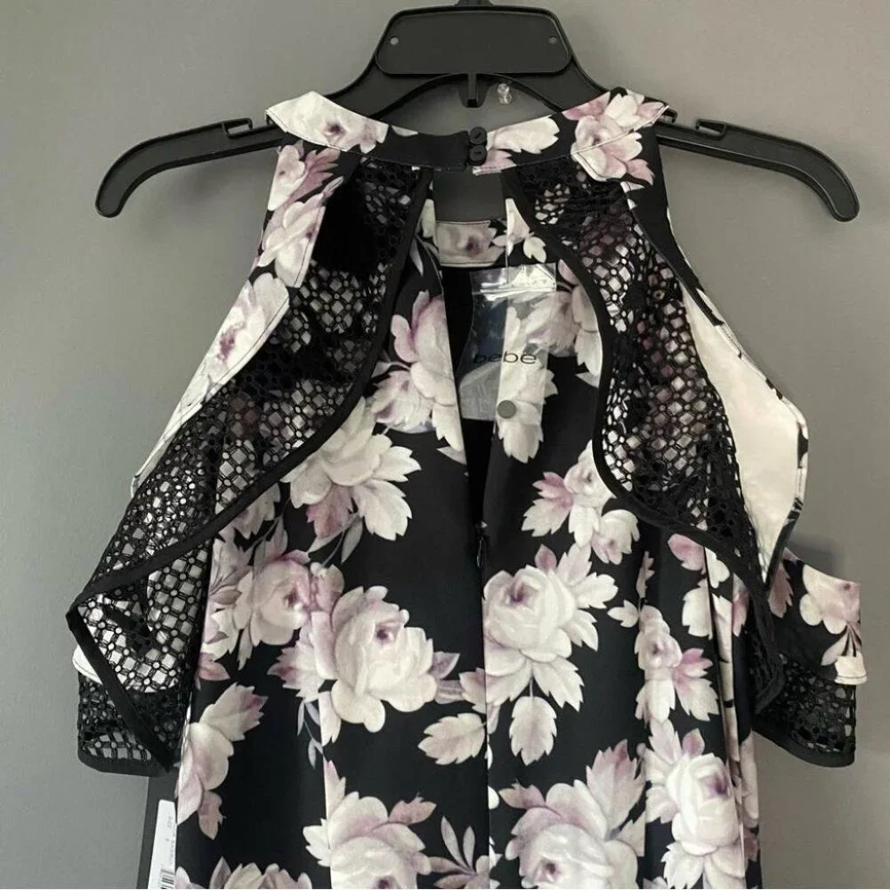 Bebe Black Floral Lace Cold Shoulder Mini Dress Size 10 NWT Bodycon - Picture 4 of 16